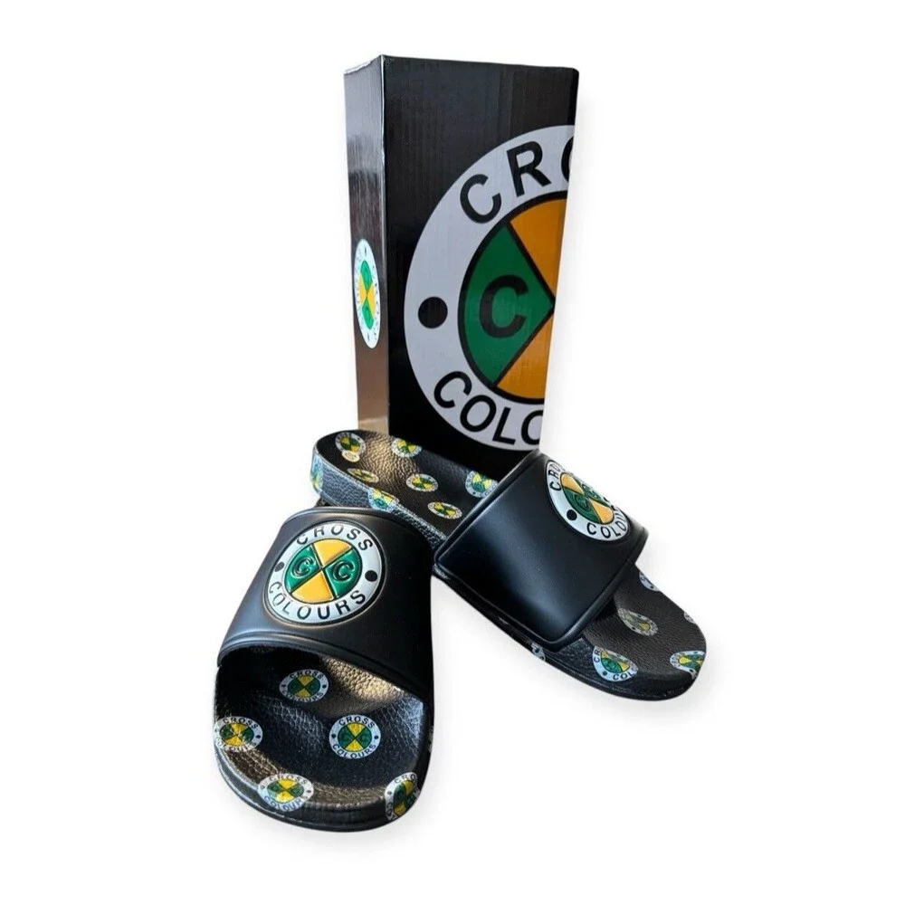 NWT Cross Colours Original Legacy Black Circle Logo Slides WMs 10 Urban Hip Hop